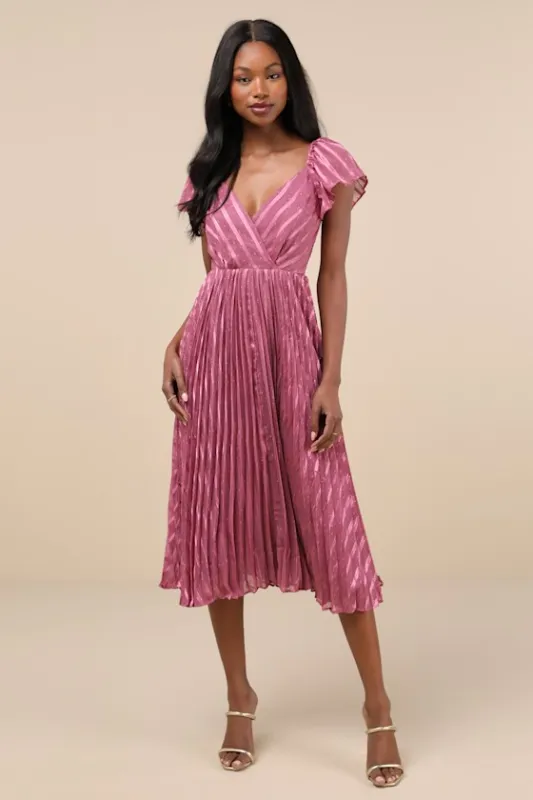 Standout Sophistication Mauve Lurex Flutter Sleeve Midi Dress sold by Lulus