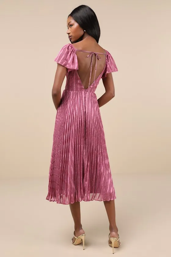 Standout Sophistication Mauve Lurex Flutter Sleeve Midi Dress sold by Lulus product image thumbnail 2