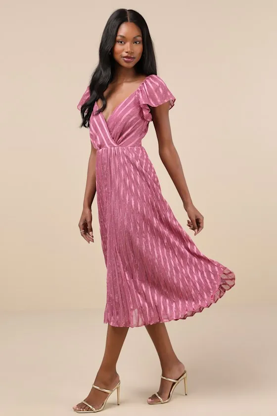 Standout Sophistication Mauve Lurex Flutter Sleeve Midi Dress sold by Lulus product image thumbnail 4