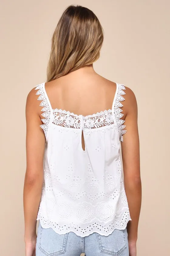 Airy Impression White Eyelet Embroidered Crochet Lace Tank Top sold by Lulus product image thumbnail 3