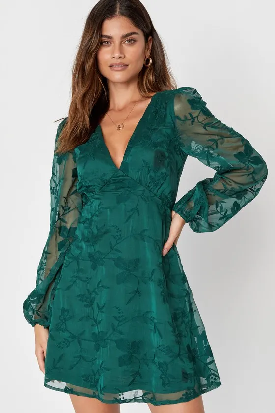 Angelic Bliss Emerald Green Embroidered Puff Sleeve Mini Dress sold by Lulus
