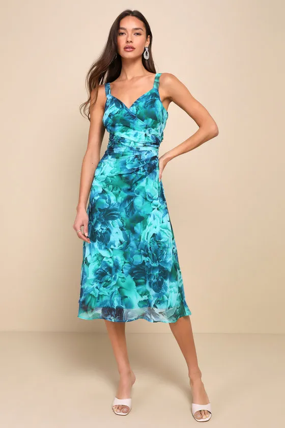 Ethereal Sweetie Teal Green Floral Chiffon Pleated Midi Dress sold by Lulus