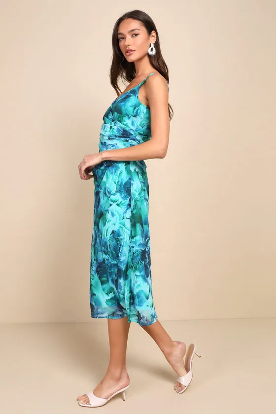 Ethereal Sweetie Teal Green Floral Chiffon Pleated Midi Dress sold by Lulus product image thumbnail 2