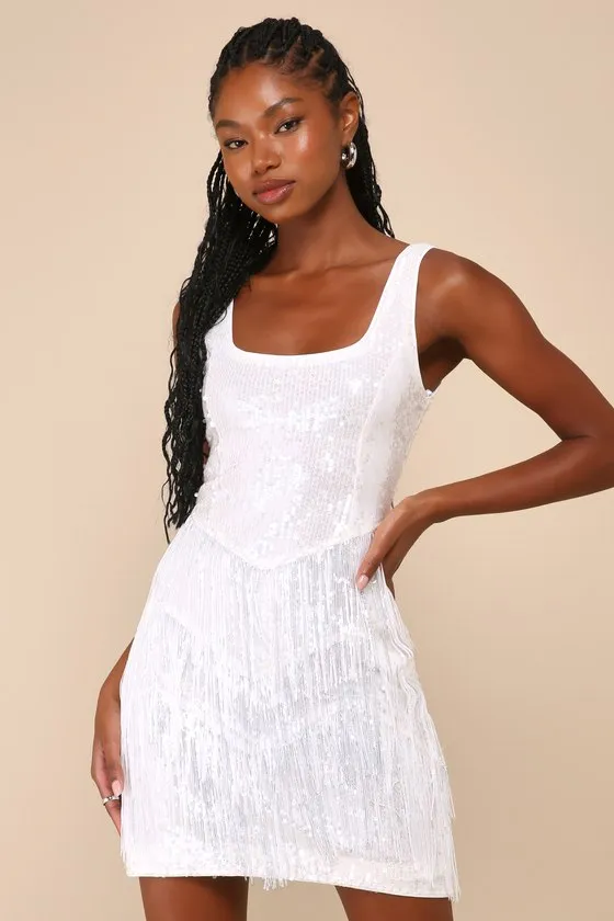 Limelight Love White Sequin Fringe Bodycon Mini Dress sold by Lulus
