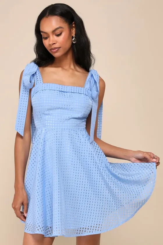 Forever Darling Blue Gingham Burnout Tie-Strap Mini Dress sold by Lulus