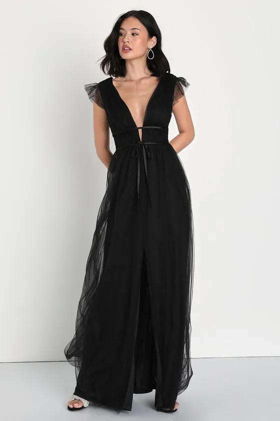 I'm All Yours Black Tulle Ruffled Maxi Dress sold by Lulus