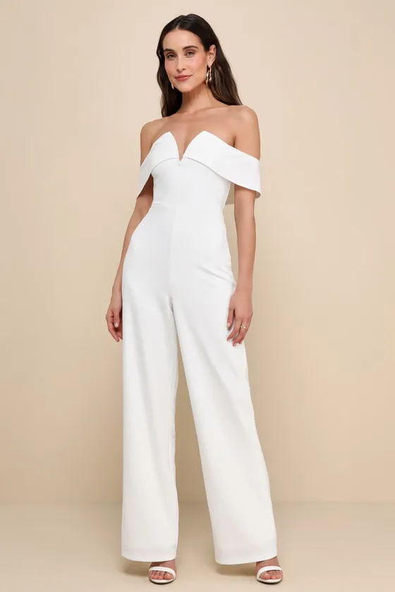 My Favorite Night Ivory Off-the-Shoulder Jumpsuit sold by Lulus