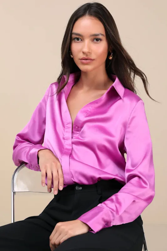 Luxe Stance Bright Purple Satin Button-Up Bodysuit sold by Lulus