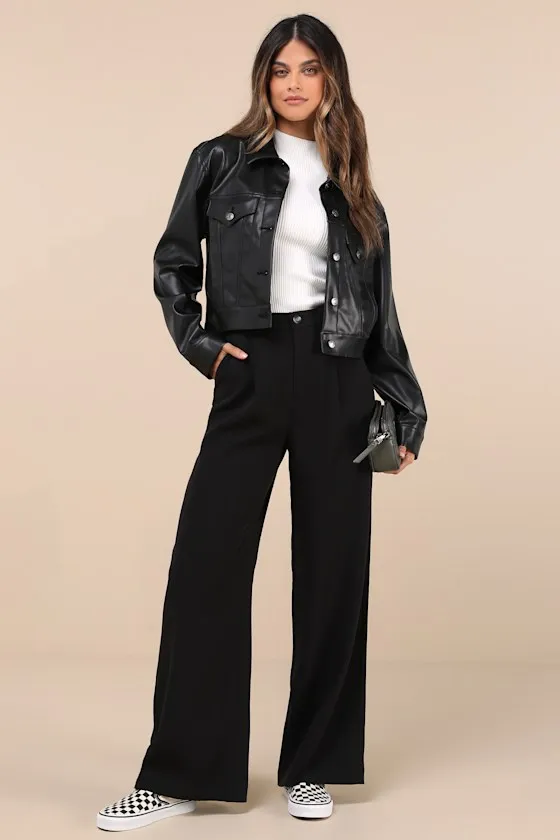 Composed Moment Black High-Rise Wide-Leg Trouser Pants sold by Lulus