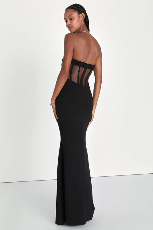 Iconic Arrival Black Strapless Bustier Mermaid Maxi Dress sold by Lulus
