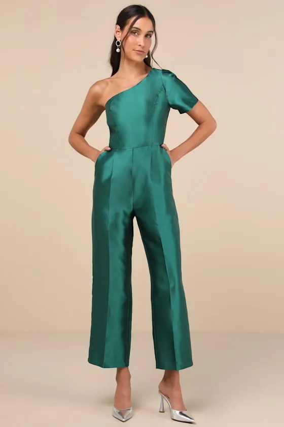Divine Dream Emerald Satin One-Shoulder Culotte Jumpsuit sold by Lulus
