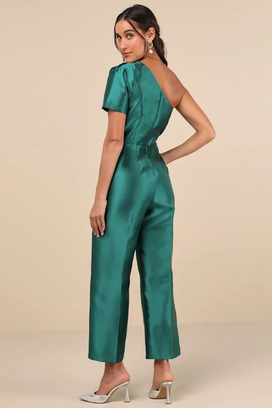Divine Dream Emerald Satin One-Shoulder Culotte Jumpsuit sold by Lulus product image thumbnail 2