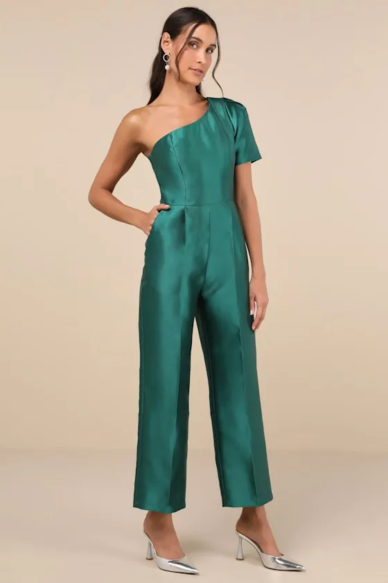 Divine Dream Emerald Satin One-Shoulder Culotte Jumpsuit sold by Lulus product image thumbnail 3