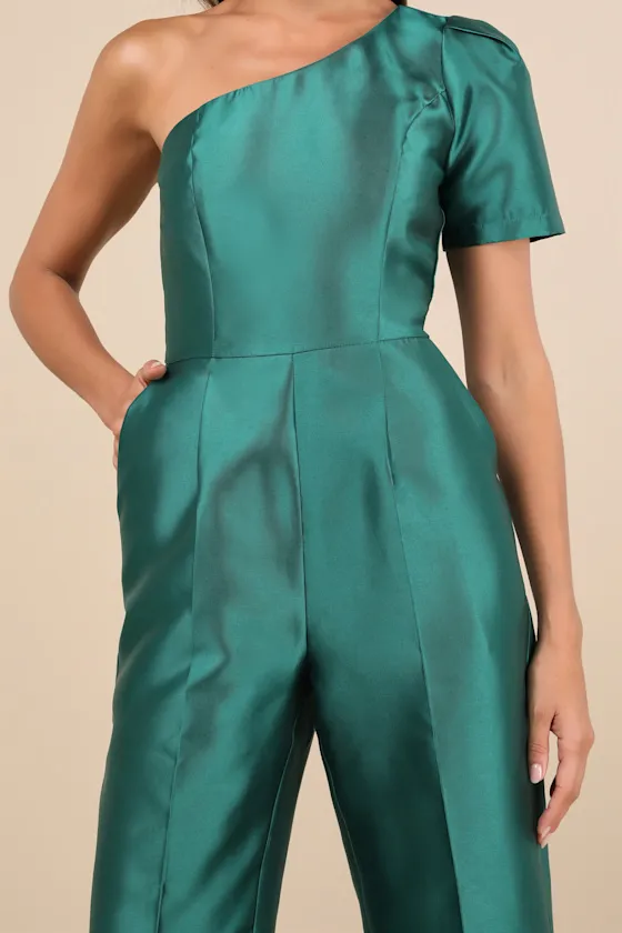 Divine Dream Emerald Satin One-Shoulder Culotte Jumpsuit sold by Lulus product image thumbnail 4