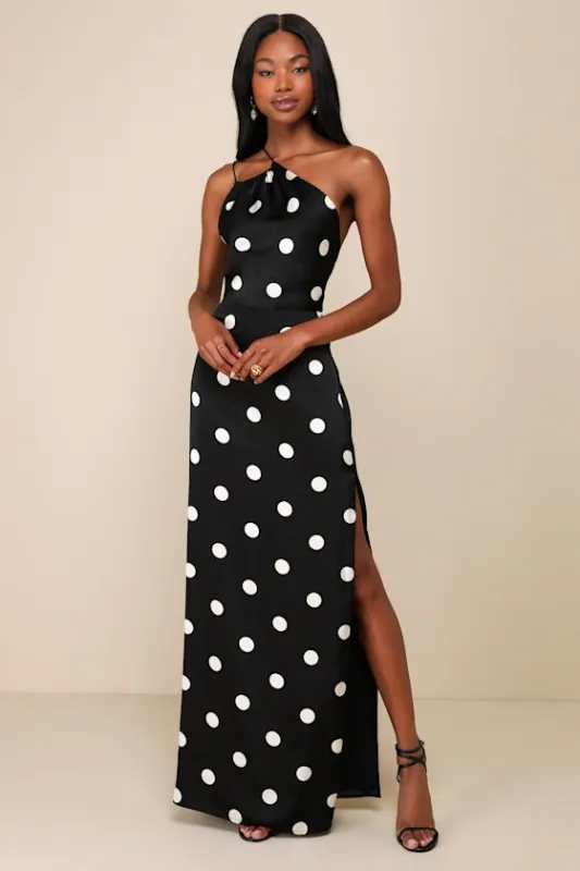 Chic Affection Black Polka Dot Satin Asymmetrical Maxi Dress sold by Lulus