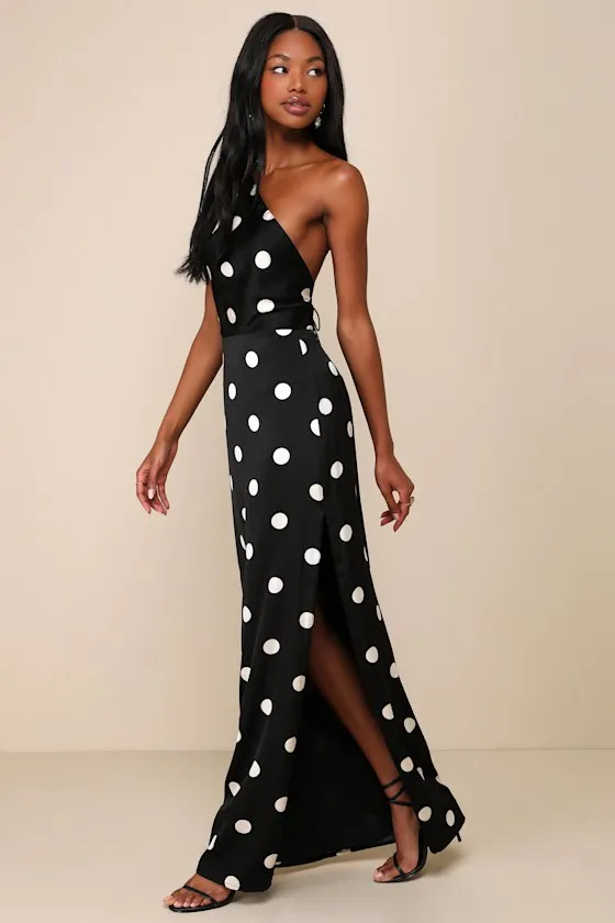 Chic Affection Black Polka Dot Satin Asymmetrical Maxi Dress sold by Lulus product image thumbnail 2