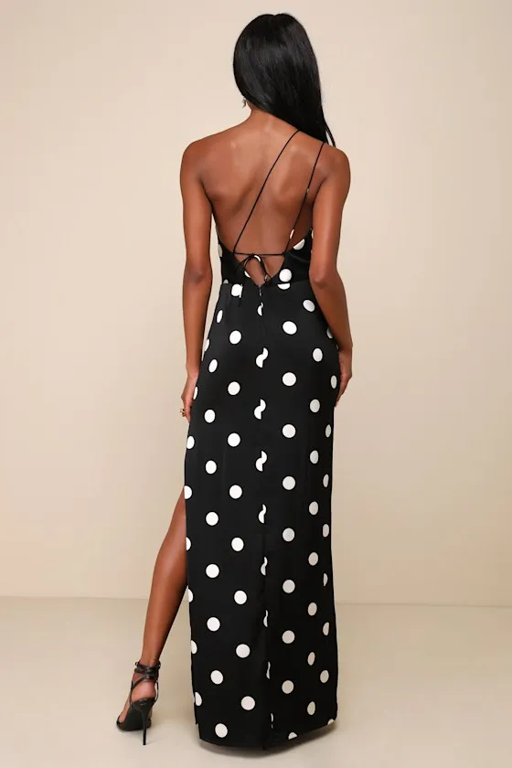 Chic Affection Black Polka Dot Satin Asymmetrical Maxi Dress sold by Lulus product image thumbnail 3