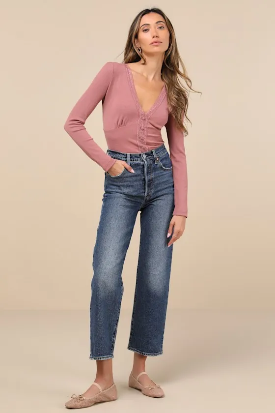 Ribcage Dark Wash Straight Ankle Denim Jeans sold by Lulus