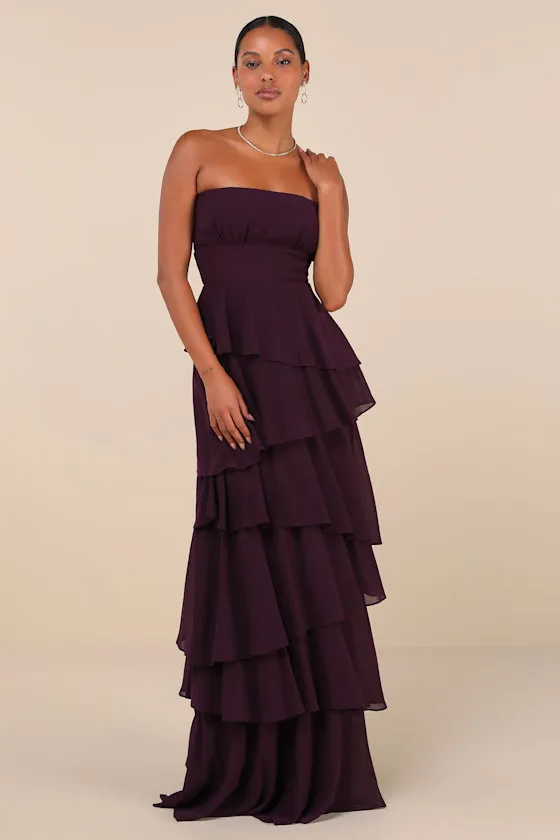 Gorgeous Essence Dark Purple Strapless Tiered Maxi Dress sold by Lulus