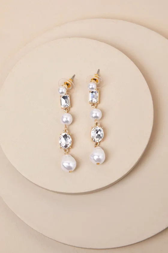 Glistening Addition Gold Pearl and Rhinestone Drop Earrings sold by Lulus