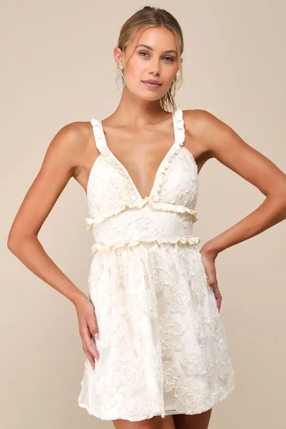 Delightfully Precious Cream Mesh Embroidered Ruffled Mini Dress sold by Lulus