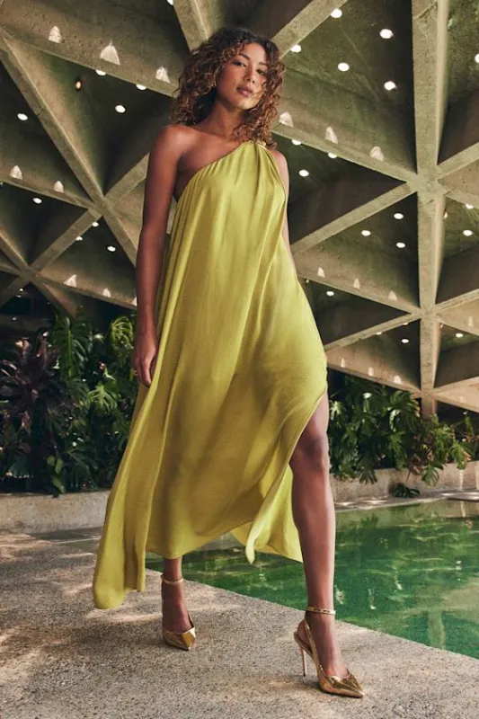 Goddess Aura Chartreuse Satin One-Shoulder Maxi Dress sold by Lulus