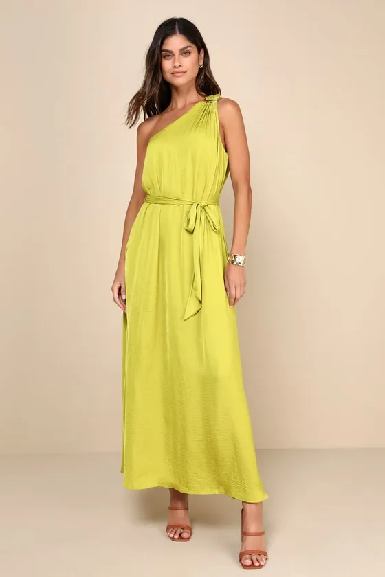 Goddess Aura Chartreuse Satin One-Shoulder Maxi Dress sold by Lulus product image thumbnail 2