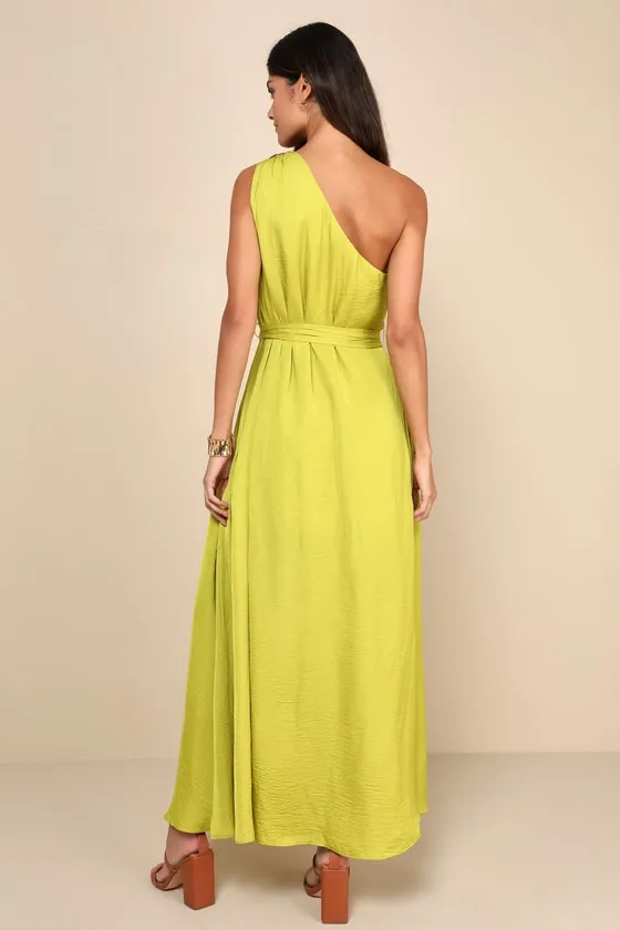 Goddess Aura Chartreuse Satin One-Shoulder Maxi Dress sold by Lulus product image thumbnail 4