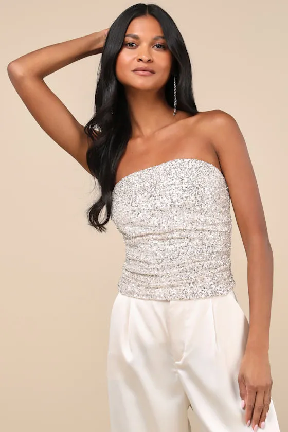 Marvelous Shine Champagne Mesh Sequin Strapless Crop Top sold by Lulus product image thumbnail 2