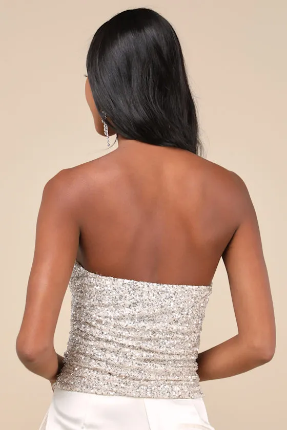 Marvelous Shine Champagne Mesh Sequin Strapless Crop Top sold by Lulus product image thumbnail 4