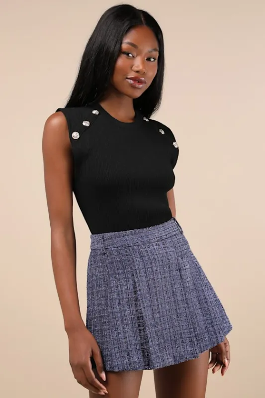 Adored Pose Navy Blue Tweed Lurex Pleated High-Rise Skort sold by Lulus