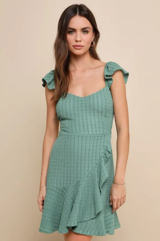 Darling Sweetness Dark Sage Textured Faux-Wrap Mini Dress sold by Lulus