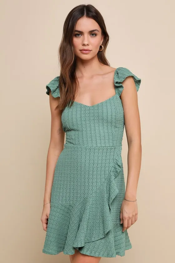 Darling Sweetness Dark Sage Textured Faux-Wrap Mini Dress sold by Lulus