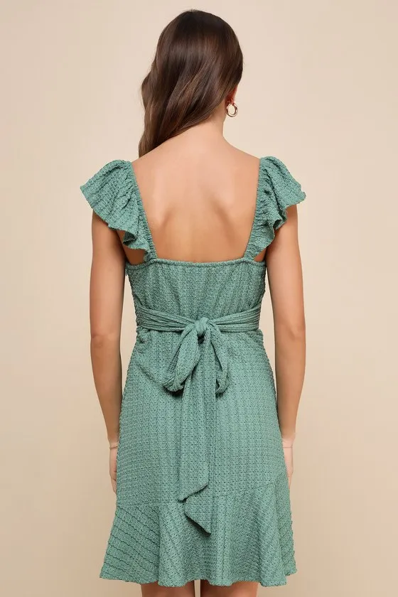 Darling Sweetness Dark Sage Textured Faux-Wrap Mini Dress sold by Lulus product image thumbnail 3