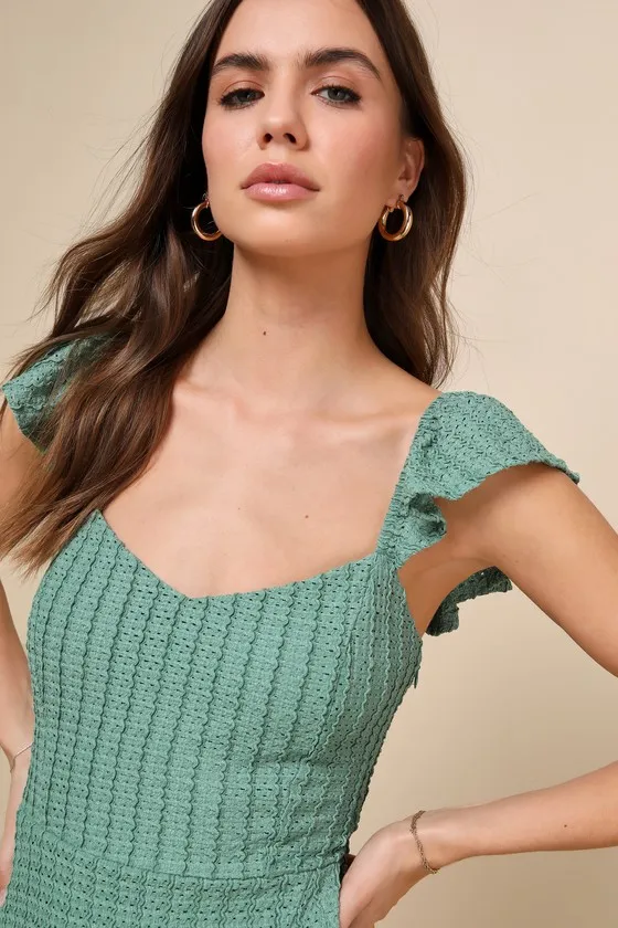 Darling Sweetness Dark Sage Textured Faux-Wrap Mini Dress sold by Lulus product image thumbnail 4