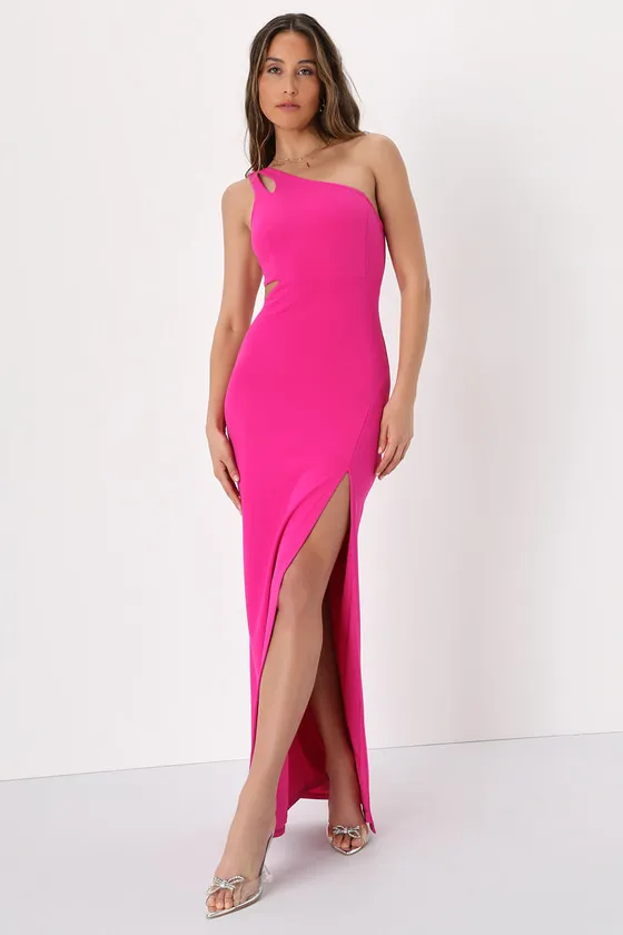 Simply Beautiful Hot Pink One-Shoulder Cutout Maxi Dress sold by Lulus