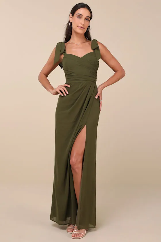 Gorgeous Whimsy Olive Pleated Off-the-Shoulder Maxi Dress sold by Lulus