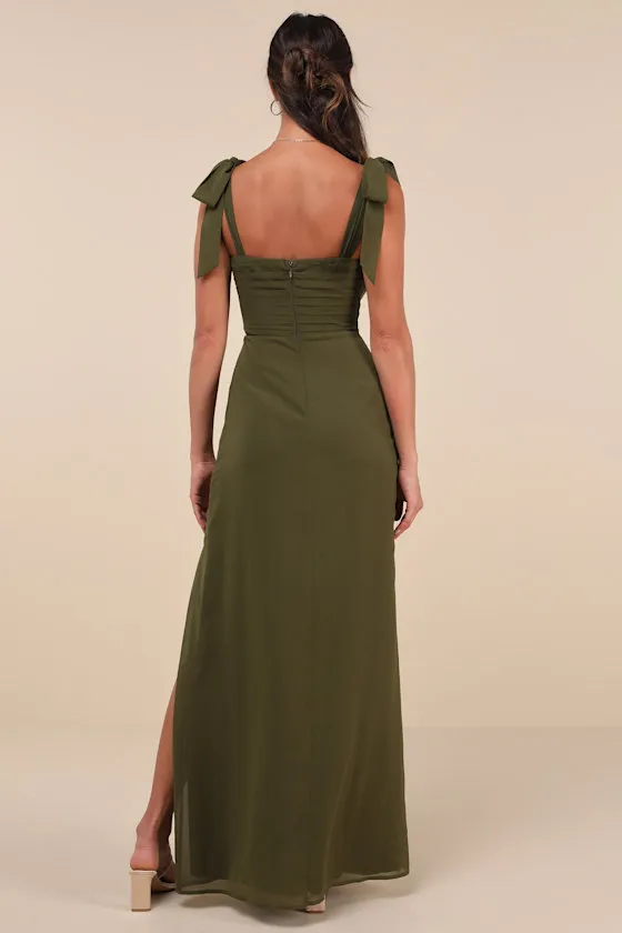 Gorgeous Whimsy Olive Pleated Off-the-Shoulder Maxi Dress sold by Lulus product image thumbnail 3