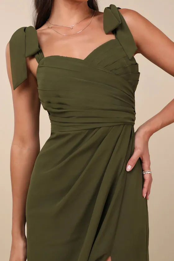 Gorgeous Whimsy Olive Pleated Off-the-Shoulder Maxi Dress sold by Lulus product image thumbnail 4