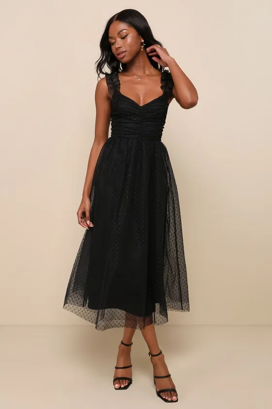 Forever Celebrated Black Swiss Dot Ruched Tulle Midi Dress sold by Lulus