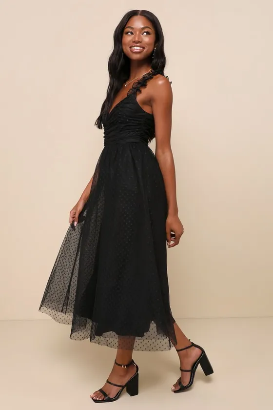 Forever Celebrated Black Swiss Dot Ruched Tulle Midi Dress sold by Lulus product image thumbnail 2