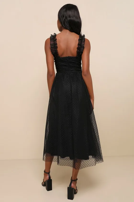 Forever Celebrated Black Swiss Dot Ruched Tulle Midi Dress sold by Lulus product image thumbnail 3