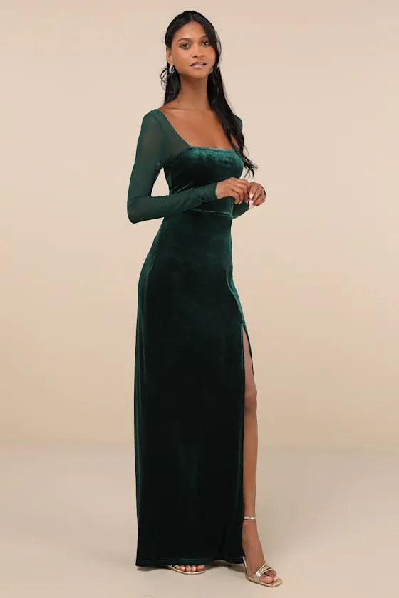 Certifiably Chic Emerald Velvet Mesh Long Sleeve Maxi Dress sold by Lulus product image thumbnail 3