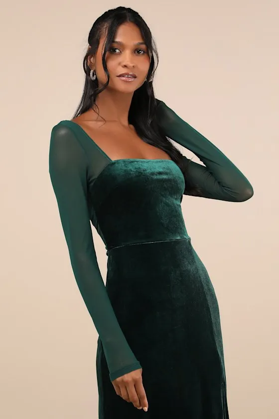 Certifiably Chic Emerald Velvet Mesh Long Sleeve Maxi Dress sold by Lulus product image thumbnail 4