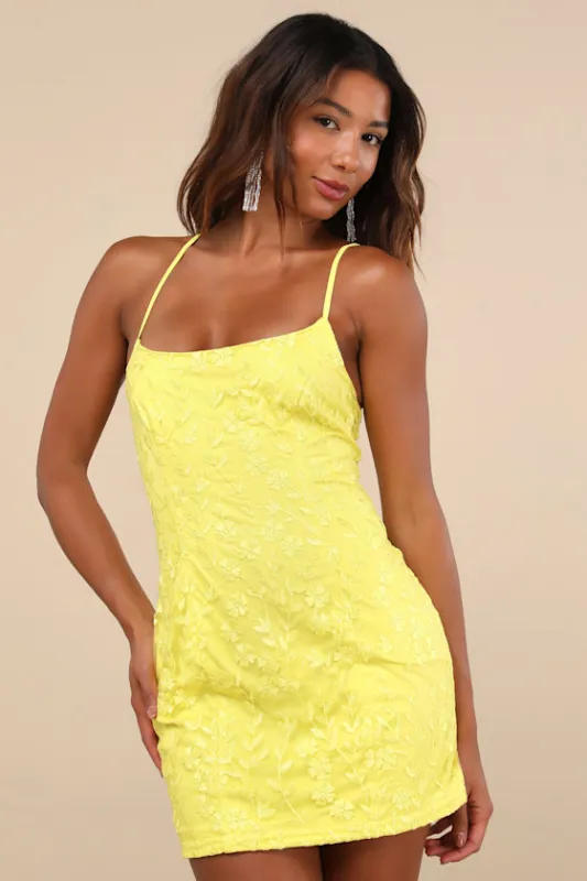 Lively Sweetheart Yellow Mesh Embroidered Lace-Up Mini Dress sold by Lulus