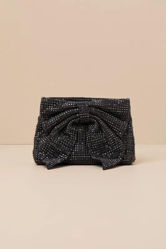 Isabella Black Rhinestone Bow Clutch sold by Lulus