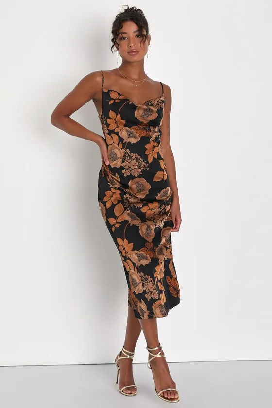 Favorite Icon Black Floral Satin Cowl Neck Slip Midi Dress sold by Lulus