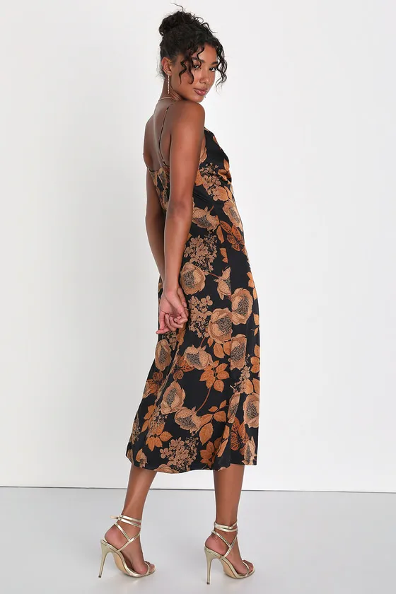 Favorite Icon Black Floral Satin Cowl Neck Slip Midi Dress sold by Lulus product image thumbnail 3