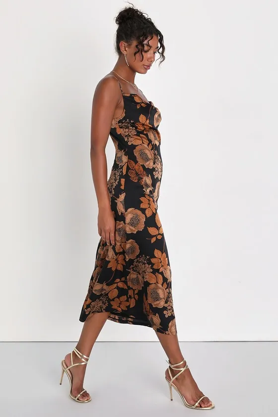 Favorite Icon Black Floral Satin Cowl Neck Slip Midi Dress sold by Lulus product image thumbnail 4