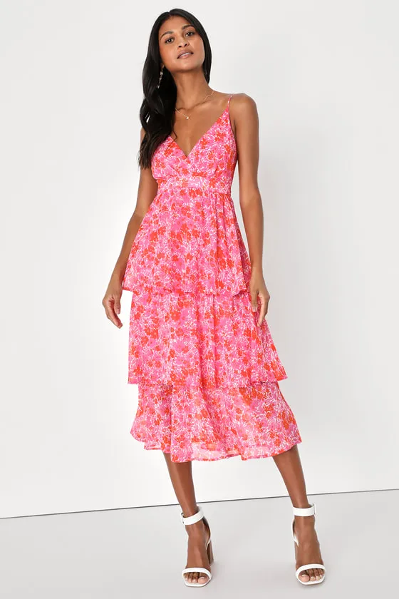 Adorable Obsession Pink Floral Print Lurex Tiered Midi Dress sold by Lulus